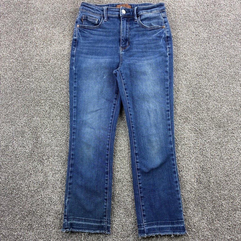 Judy Blue Kick Flare Jeans Women's 5/27 Blue Cotton Blend Frayed Hem Stretch